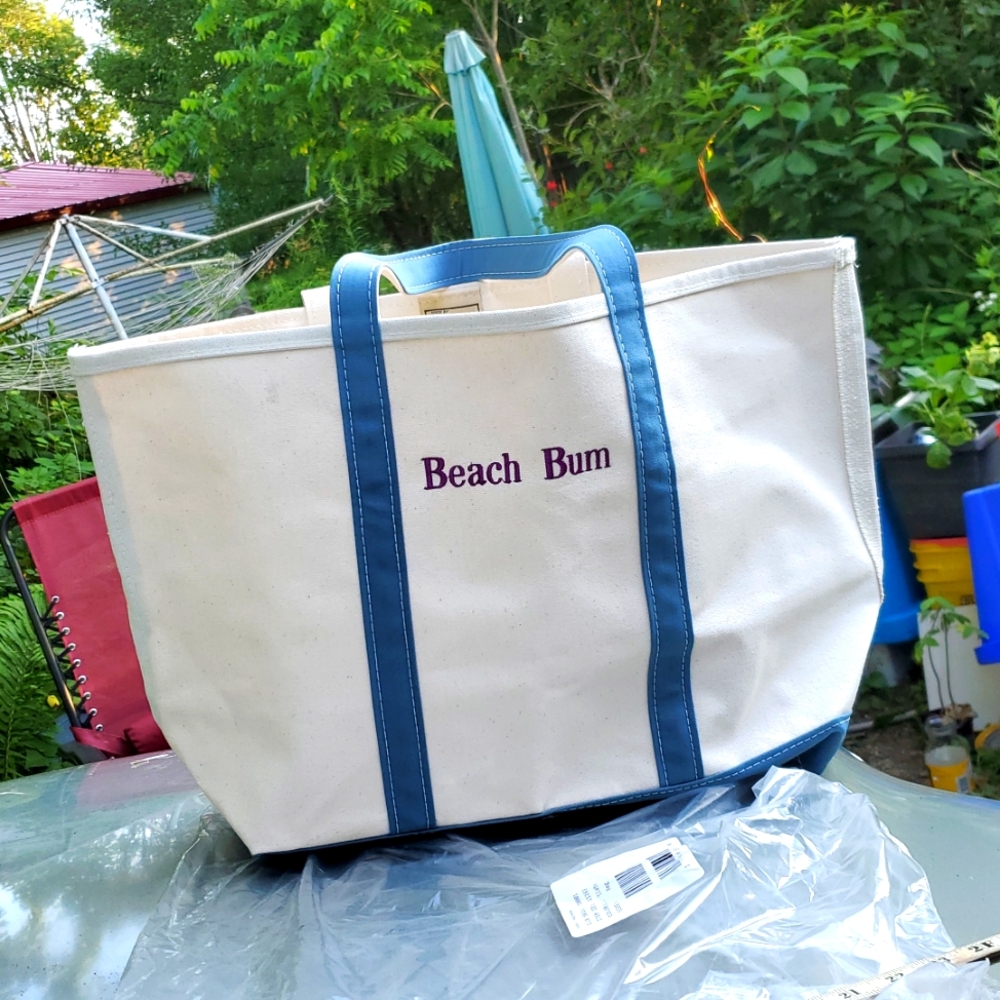 LL Bean Boat BEACH BUM Creme Canvas Tote Slate Blue Monogram Large Custom NWT